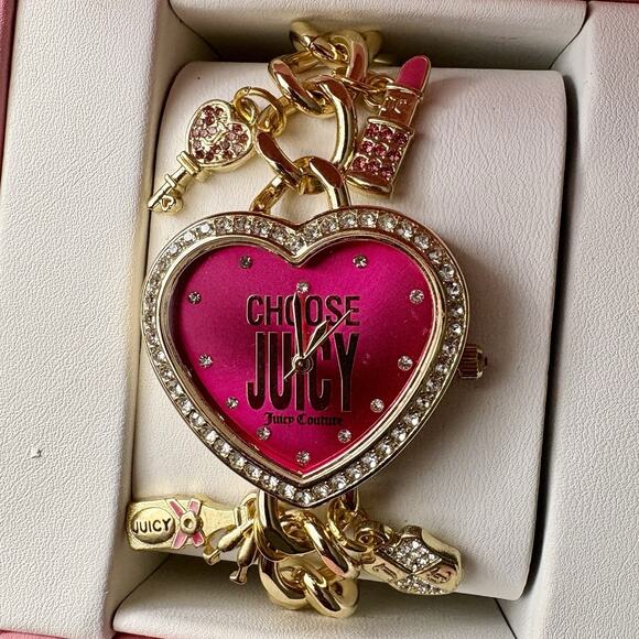 NIB JUICY COUTURE Gold Pink Rhinestone Heart Watch Charm Bracelet Crest Key GIFT - Picture 6 of 16